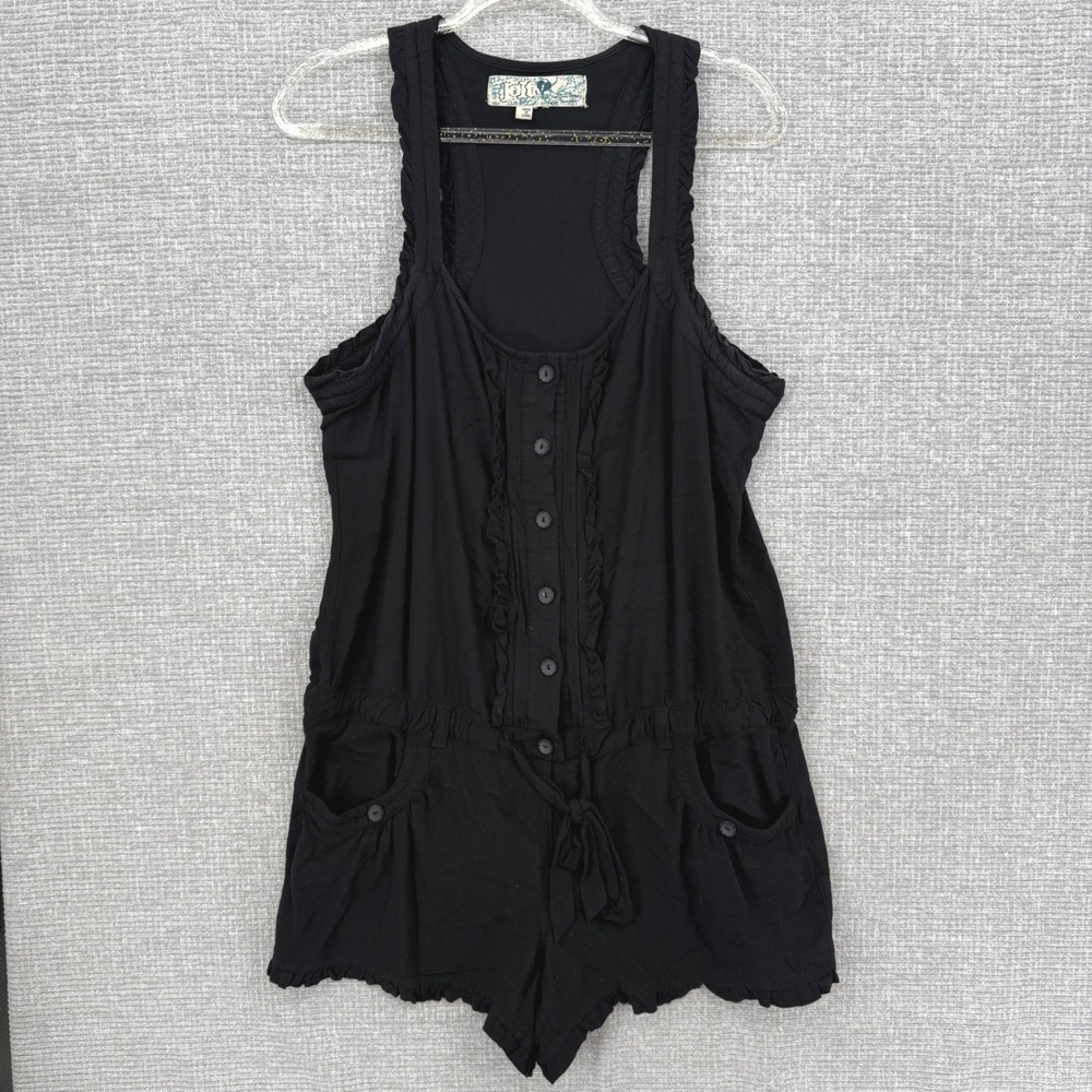 Cottage Boho Whimsigoth Romper Women M Black‎ Ruffle Festival Button Front